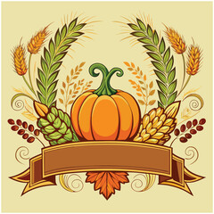 Autumn harvest emblem with pumpkin wheat and ribbon