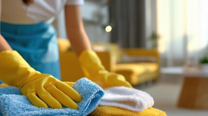 woman wearing yellow gloves holding blue microfiber cloth doing cleaning