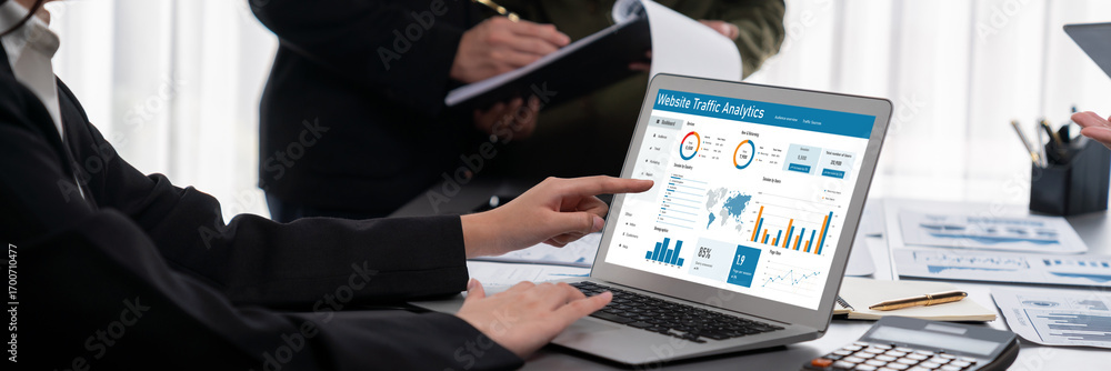 Poster panorama shot analyst team utilizing bi fintech to analyze financial report with laptop. businesspeo