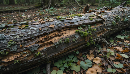 A fallen, decaying log covered in moss and lichen rests on the forest floor amidst fallen leaves and green foliage