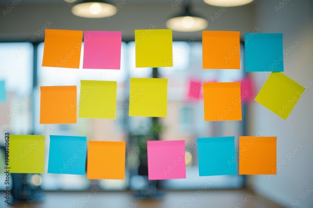 Poster bird's eye view of vibrant post-it notes arranged in a grid formation on a transparent window.
