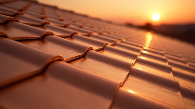Copper Roof Tiles Sunset Glow - Close-up view of shiny copper roof tiles at sunset. The warm golden light reflects on the neatly arranged tiles, creating a visually appealing texture.