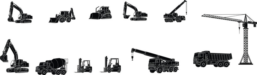 Set of construction equipment silhouettes including excavators, bulldozer, crane, forklift, cement mixer, and dump truck, heavy machinery vector design elements