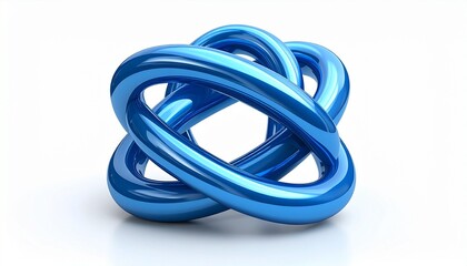 Abstract blue knot—interwoven glossy ribbon-like bands forming symmetrical loop structure, smooth surfaces with depth and curvature, clean white gradient background, mathematical and artistic elegance