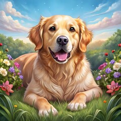 the cute dog is lying on the grass playing with flowers