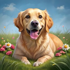 the cute dog is lying on the grass playing with flowers