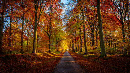 Fototapeta premium A winding path through a vibrant forest ablaze with the fiery hues of autumn foliage under a clear blue sky
