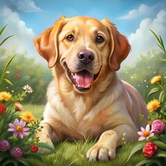 the cute dog is lying on the grass playing with flowers