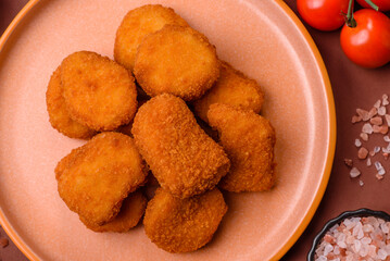 Chicken nugget with sauce, crispy nutritious fast food. Chicken nugget