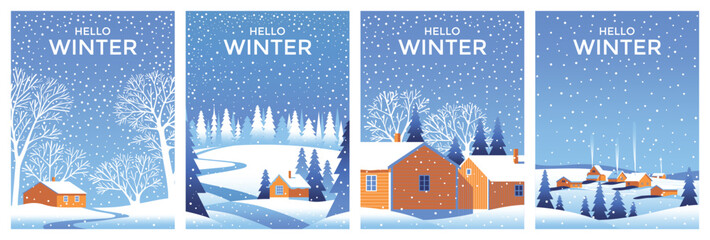 Vector Set of 4 winter season landscapes. Snow covered trees in the first plan and houses on the edge of the forest under the snow in the background. Trendy handmade drawing vector illustration.