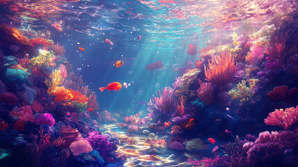 Fototapeta premium Vibrant Underwater Reef: A kaleidoscopic underwater scene teems with life, featuring a flourishing coral reef, colorful fish darting amidst the textured formations, all bathed in the soft.