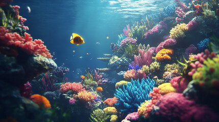 Naklejka premium Vibrant Underwater Paradise: A stunning underwater view teems with life, featuring colorful coral reefs and fish dancing in the crystal-clear depths. 
