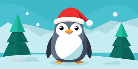 Cute Penguin in Santa Hat, Flat Design, Winter Holiday Cheer