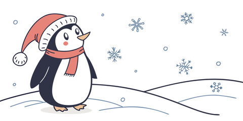 Cute Penguin in Santa Hat, Winter Wonderland Illustration