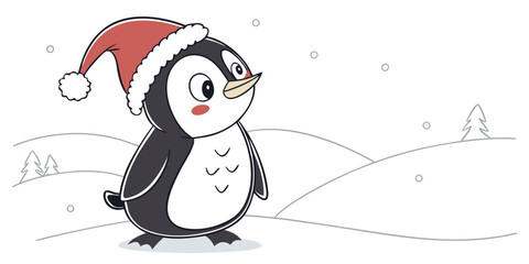 Adorable Cartoon Penguin in Santa Hat, Winter Wonderland Scene, Christmas Illustration