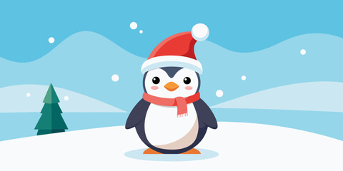 Adorable Cartoon Penguin in Santa Hat, Winter Wonderland Scene