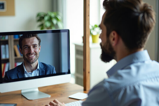 Focused individual watching a business webinar on computer screen reflected in mirror
