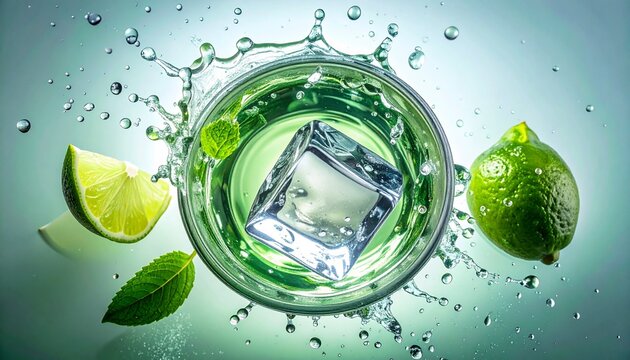 Cocktail with lime and mint splashing in a glass. A refreshing cold drink with an ice cube seen from above on a green background.