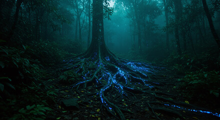 Enchanted tree roots glowing with blue light in a dark mystical forest