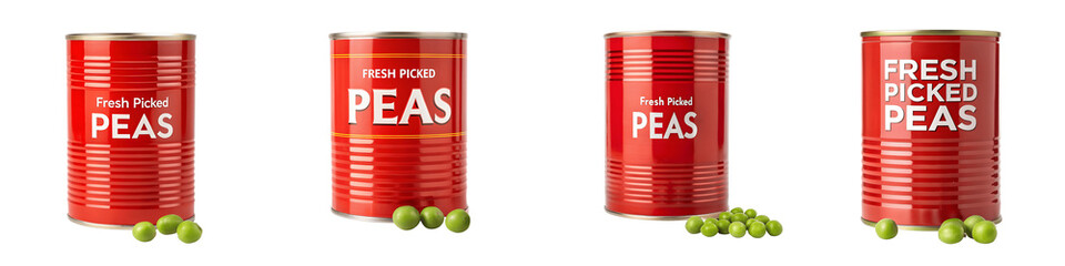Set for Four cans of fresh picked peas isolated on transparent background