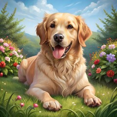 the cute dog is lying on the grass playing with flowers