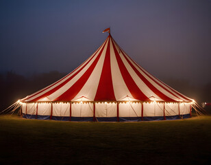 A red and white circus tent stands illuminated by dim lights in a foggy, eerie night. circus tent top view, circus tent illuminated at night