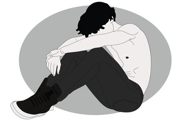 Minimalist vector illustration of a pensive young man sitting with knees drawn up, shirtless with dark pants and sneakers, isolated on grey background.