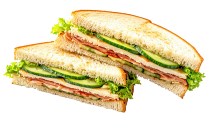 Freshly Made Sandwich with Ham, Cheese, Cucumber, and Lettuce on White Bread Cut in Half