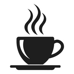 Simple black silhouette of a steaming coffee cup on a saucer