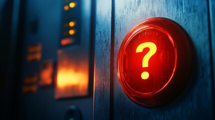 Bright red question mark button illuminated in a dark elevator, prompting curiosity and intrigue at late night