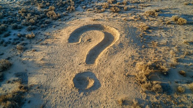 Large sand sculpture of a question mark in a desert landscape at sunset reveals artistic curiosity - Powered by Adobe
