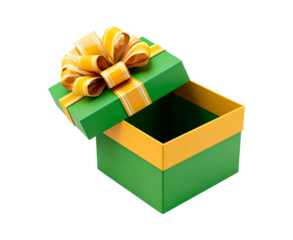 Green and yellow gift box with ribbon bow on lid on transparent background, PNG