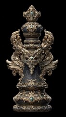 Ornate, golden decorative piece with a crown-like top and intricate carvings, detailed with dark blue gems.