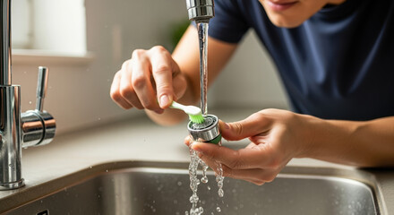 Hands cleaning faucet aerator with toothbrush under running water for maintenance. Regular faucet aerator upkeep prolongs faucet lifespan, which saves money. Faucet aerator is essential,