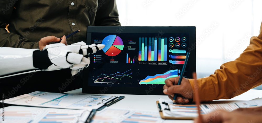 Poster a futuristic business meeting featuring a robotic arm engaging with colorful data visualizations on 