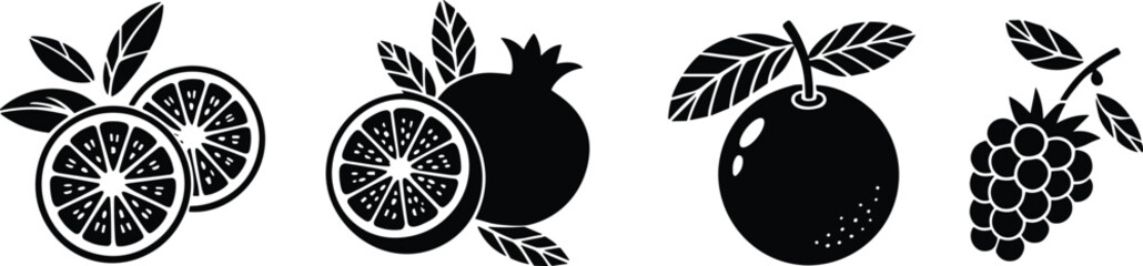 Vector fruit silhouettes with citrus slices, pomegranate, orange, and grape bunch icons for healthy food, organic nutrition, diet design, and lifestyle illustration