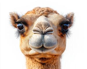 Obraz premium Hyperrealistic Close-Up of Camel Face Isolated on White Background Displaying Rich Textures and Detail
