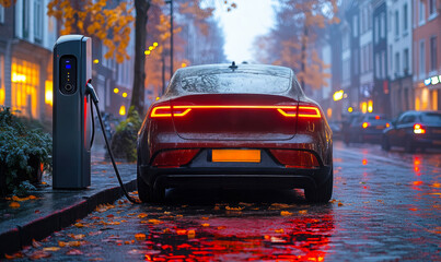 Rear view of sleek red electric car charging on urban street at dusk with autumn leaves and wet pavement reflecting lights