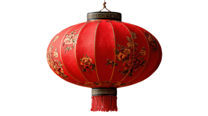 Ornate Red Chinese Lantern with Floral Design and Tassels for Decoration and Festivities
