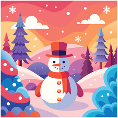 Cheerful Snowman In A Colorful Winter Landscape trees