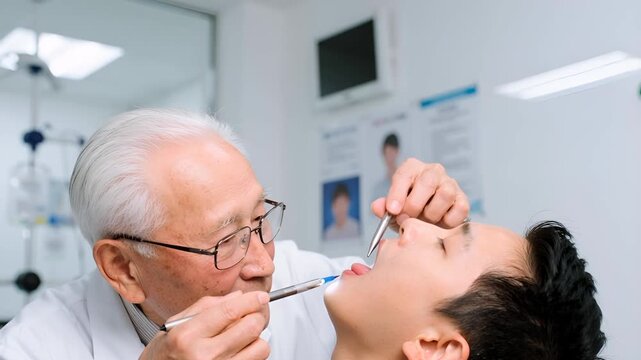 若い男性患者の口の中を器具で診察する高齢の男性歯科医