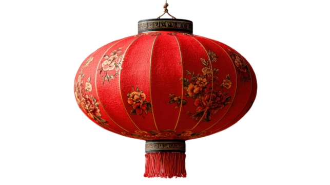Ornate Red Chinese Lantern with Floral Design and Tassels for Decoration and Festivities