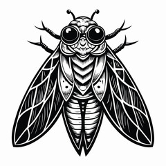 Monochrome Illustration of a Cicada Insect with Large Eyes and Detailed Wings Etched in a Tattoo Style Design