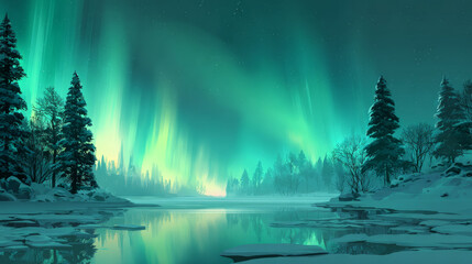 Winter landscape with northern lights glowing over snowy forest and mountains under green night sky