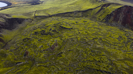 Aerial View of Moss Covered Volcanic Landscape in Iceland