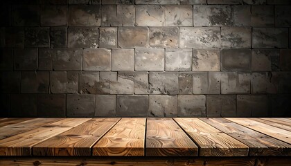 Wooden table in front of stone wall