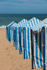 Traditional Blue and White Beach Cabins on Sandy Shore
