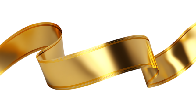 Shiny Gold Ribbon Banner with Smooth Curves on White Background.