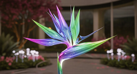 Bird of Paradise Flower Glowing in Neon Purple and Orange