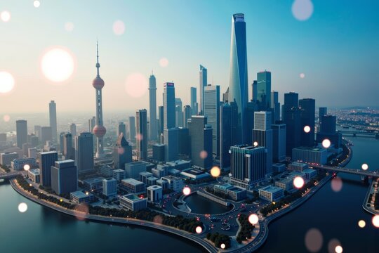 Futuristic City Skyline Captured from Aerial Drone with Integrated Data Overlays and Business Dashboard Elements